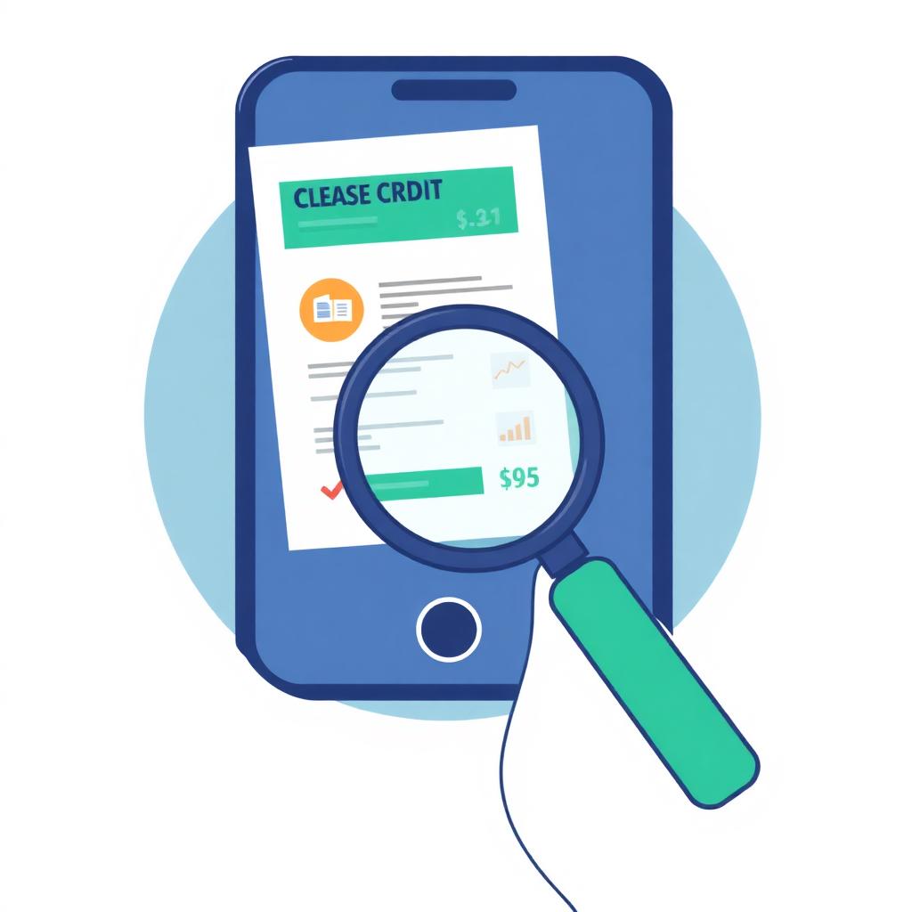How to check your credit score free Person checking their credit score on a smartphone with a magnifying glass over a credit report.