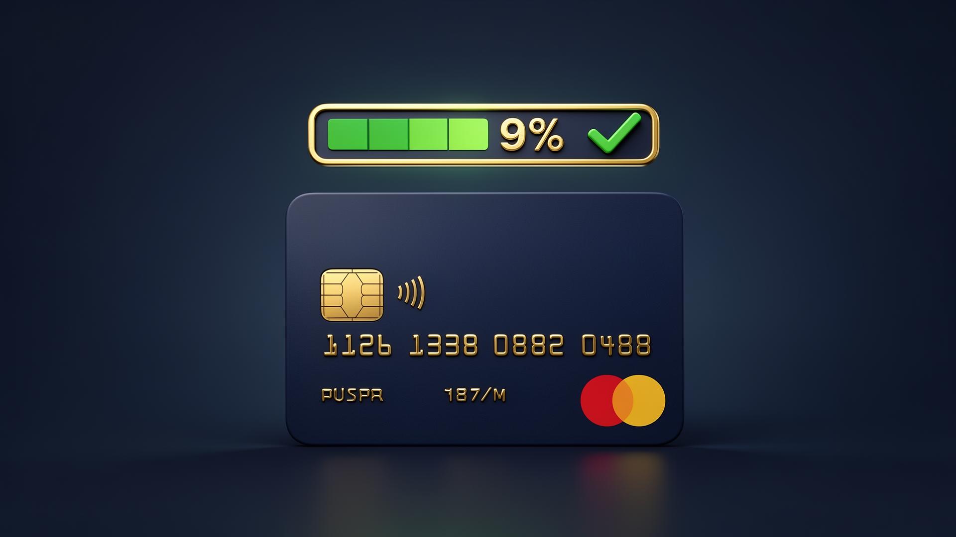 Credit card utilization — the 9% rule Credit card with a fuel-gauge style utilization bar showing 9% and a green checkmark — the ideal credit card utilization rate.