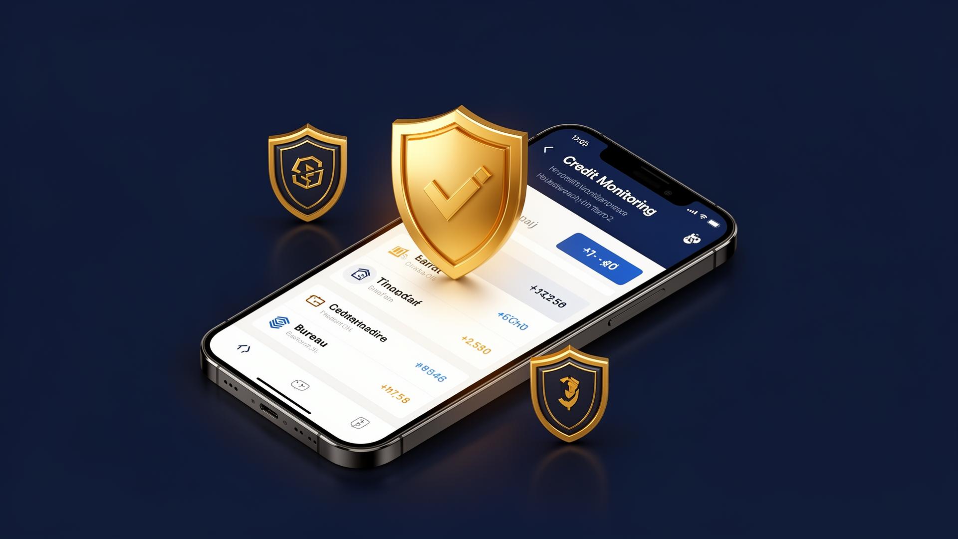 Credit monitoring explained — daily 3-bureau alerts Smartphone displaying a credit monitoring dashboard with three bureau shields, representing Equifax, Experian, and TransUnion alerts.