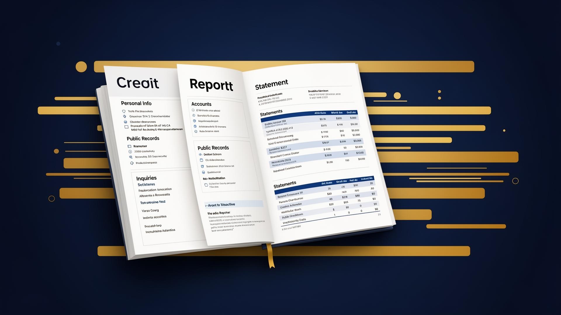 Credit report explained — 5 sections section by section Open credit report document showing personal information, accounts, public records, inquiries, and consumer statements sections.