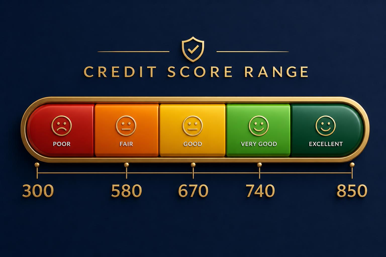 Credit score range 300 to 850 Color-coded credit score range from 300 to 850 with five tiers: Poor, Fair, Good, Very Good, Excellent.