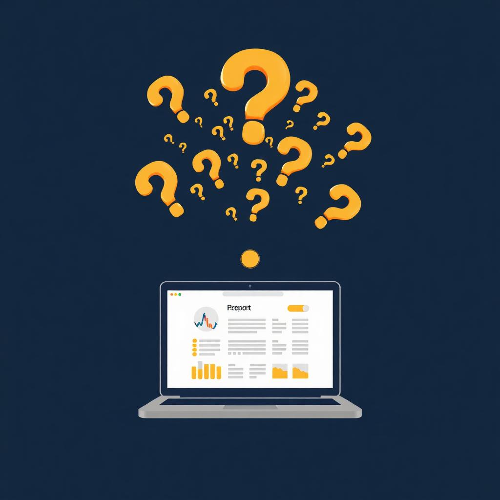 Floating question marks above a laptop showing a credit report.