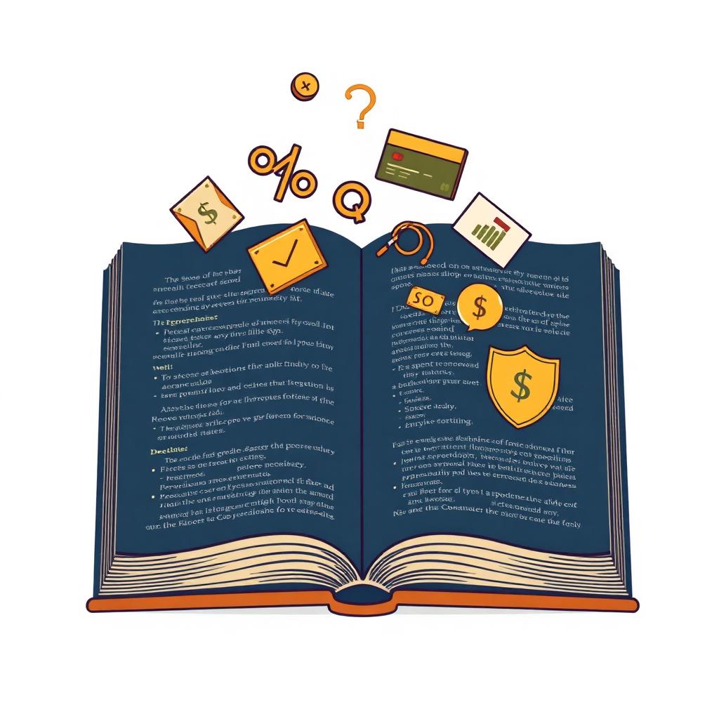 Open book with credit finance icons floating above it.