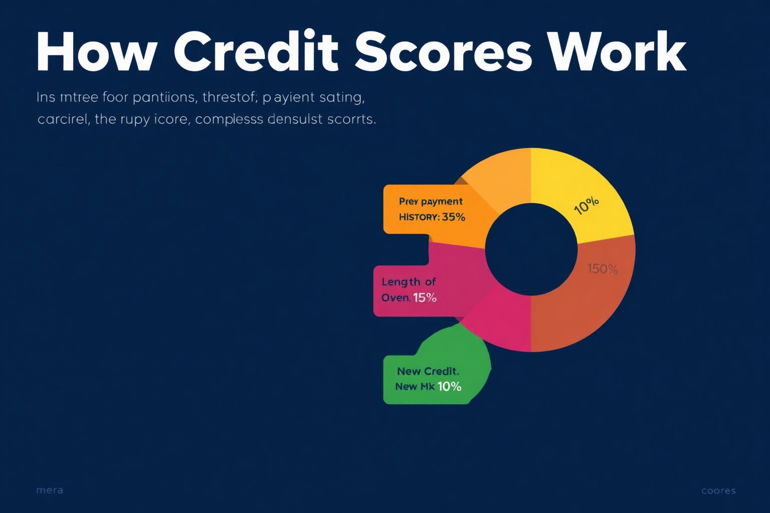 How credit scores work Credit score factor breakdown donut chart showing payment history 35%, amounts owed 30%, length of history 15%, credit mix 10%, and new credit 10%.