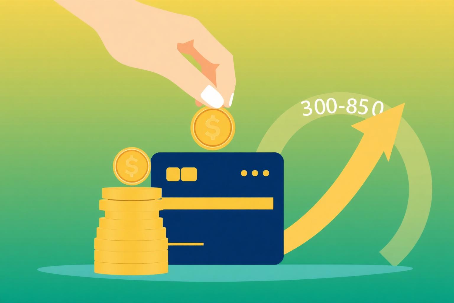 How to build credit from scratch Illustration of a hand stacking coins onto a credit card with a 300–850 credit score growth arrow.