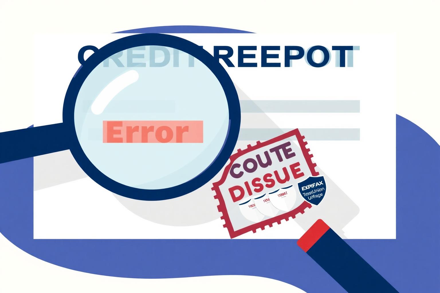 How to dispute credit report errors Credit report document with an error highlighted under a magnifying glass and a dispute stamp covering the three bureau shields.
