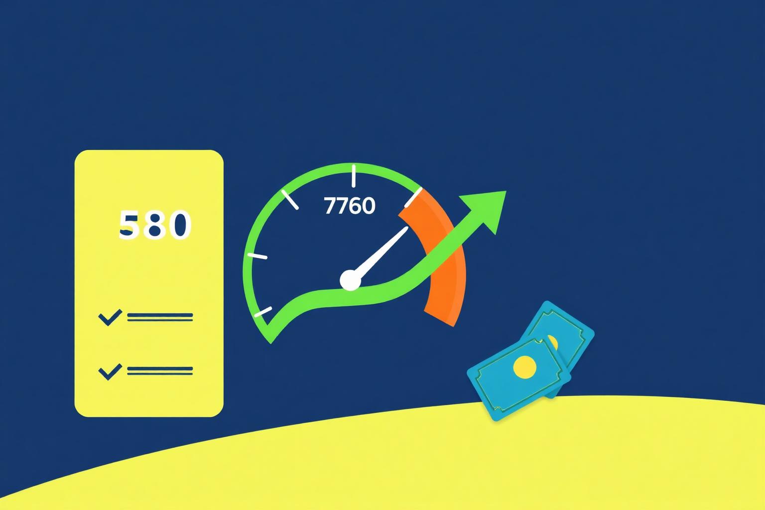 How to improve your credit score Credit score speedometer rising from 580 to 740 with a checklist of credit improvement actions.