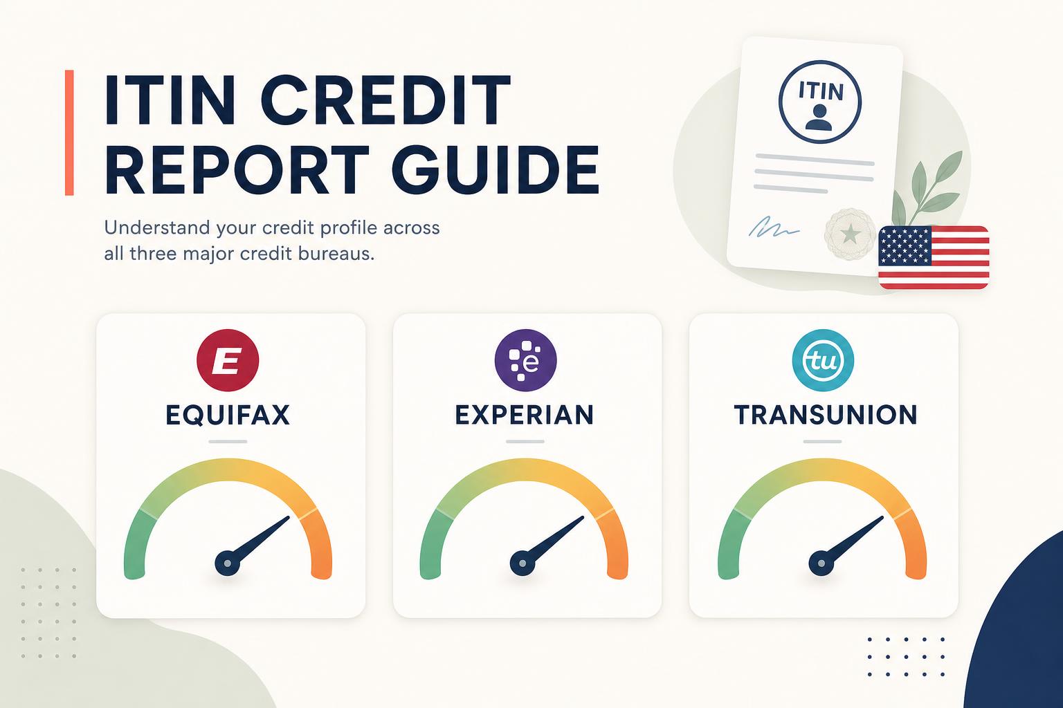 ITIN credit report — 3-bureau view (Equifax, Experian, TransUnion) ITIN credit report dashboard showing VantageScore 4.0 gauges from all three U.S. credit bureaus — Equifax, Experian, and TransUnion — for an Individual Taxpayer Identification Number holder.