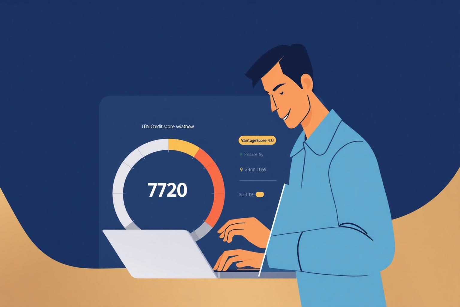 ITIN credit score — VantageScore 4.0 gauge ITIN credit score dashboard showing a VantageScore 4.0 gauge at 720 for an Individual Taxpayer Identification Number holder.
