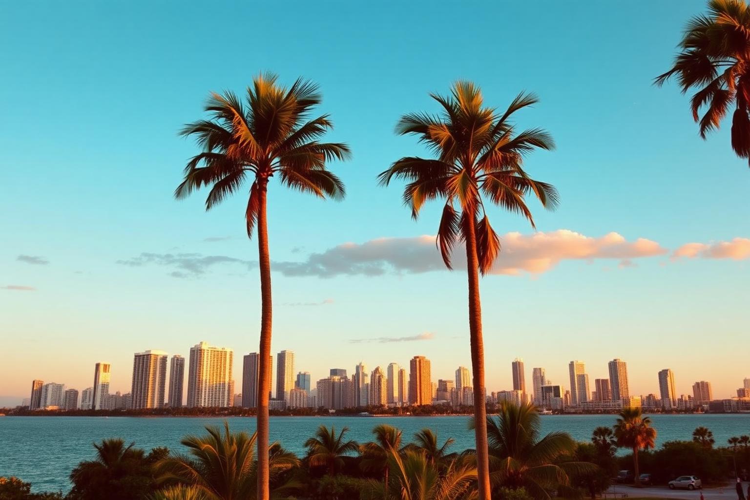 Miami Florida skyline at golden hour with palm trees and ocean.