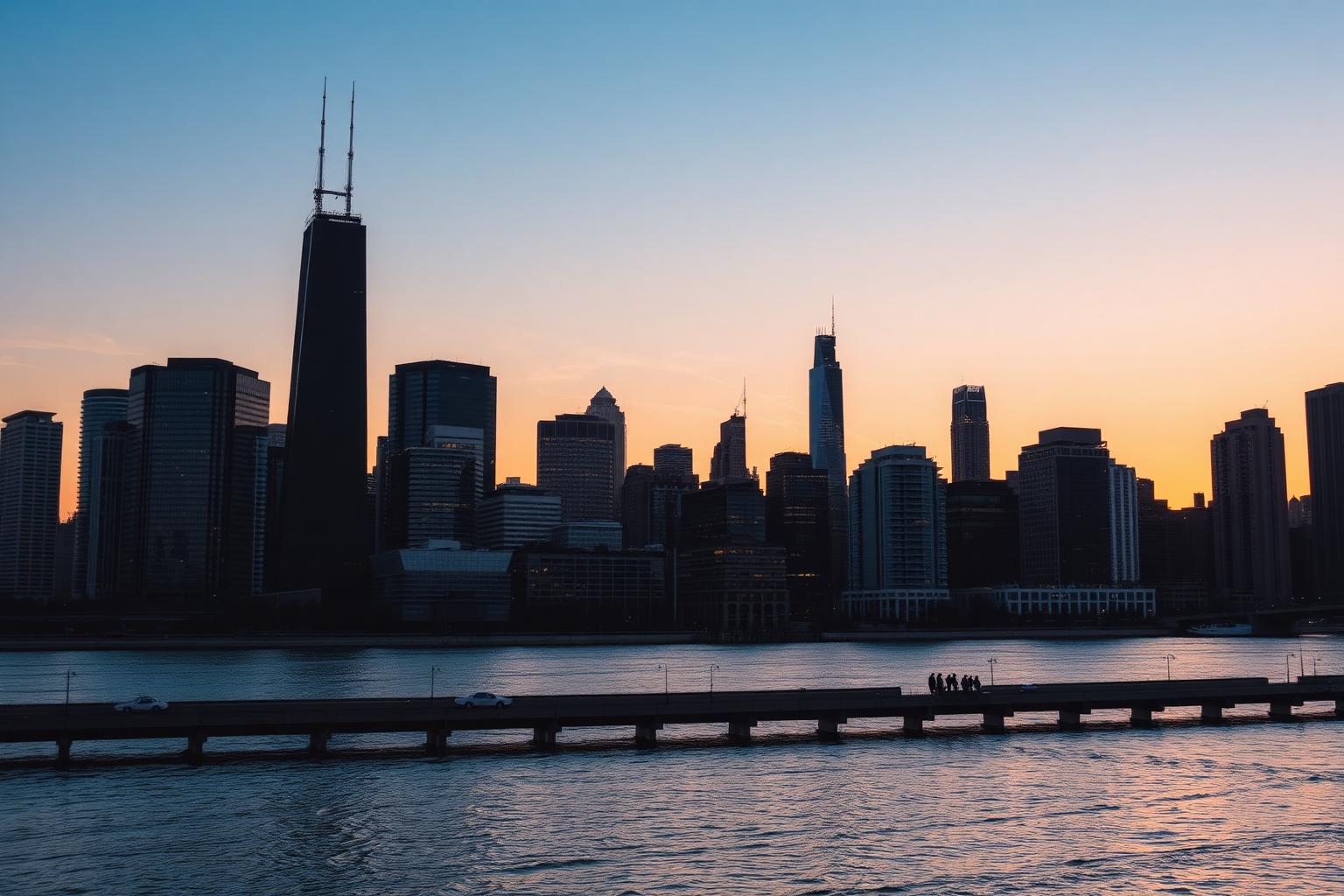 Chicago Illinois skyline at sunset along the river.