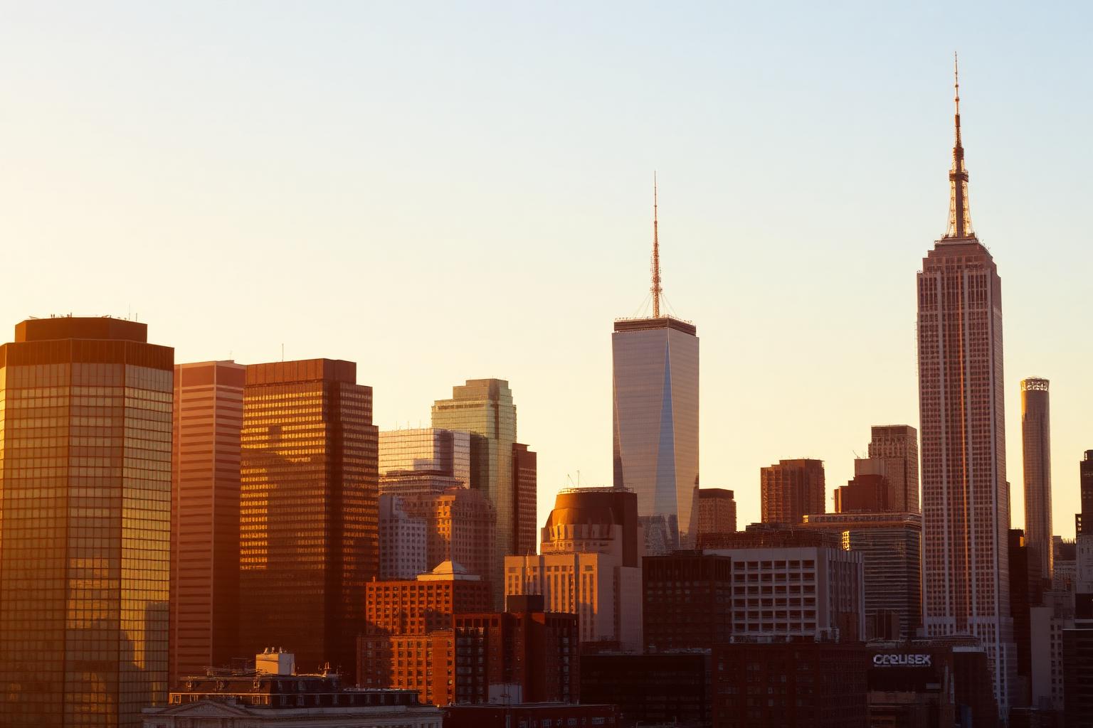 New York City Manhattan skyline at golden hour.