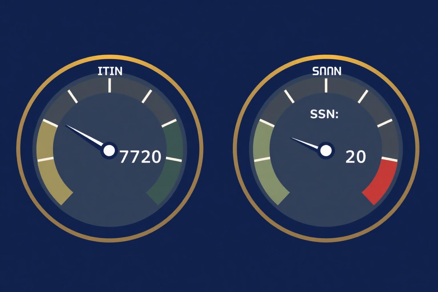 ITIN vs SSN credit score comparison — same scoring model Two VantageScore 4.0 gauges side by side comparing an ITIN credit score and an SSN credit score, both showing 720.