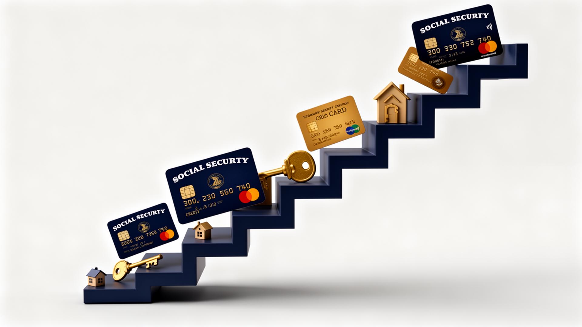 SSN credit-building timeline from zero to 740 Stylized credit-score staircase rising from 300 to 740 with a Social Security card, secured credit card, and house key icons climbing each step.