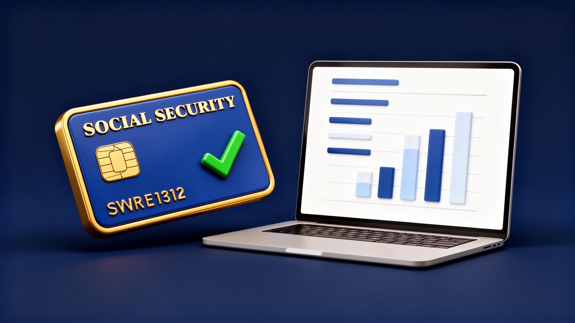 SSN credit report — 3-bureau dashboard Social Security card next to a laptop displaying a 3-bureau credit report dashboard with tradelines from Equifax, Experian, and TransUnion.
