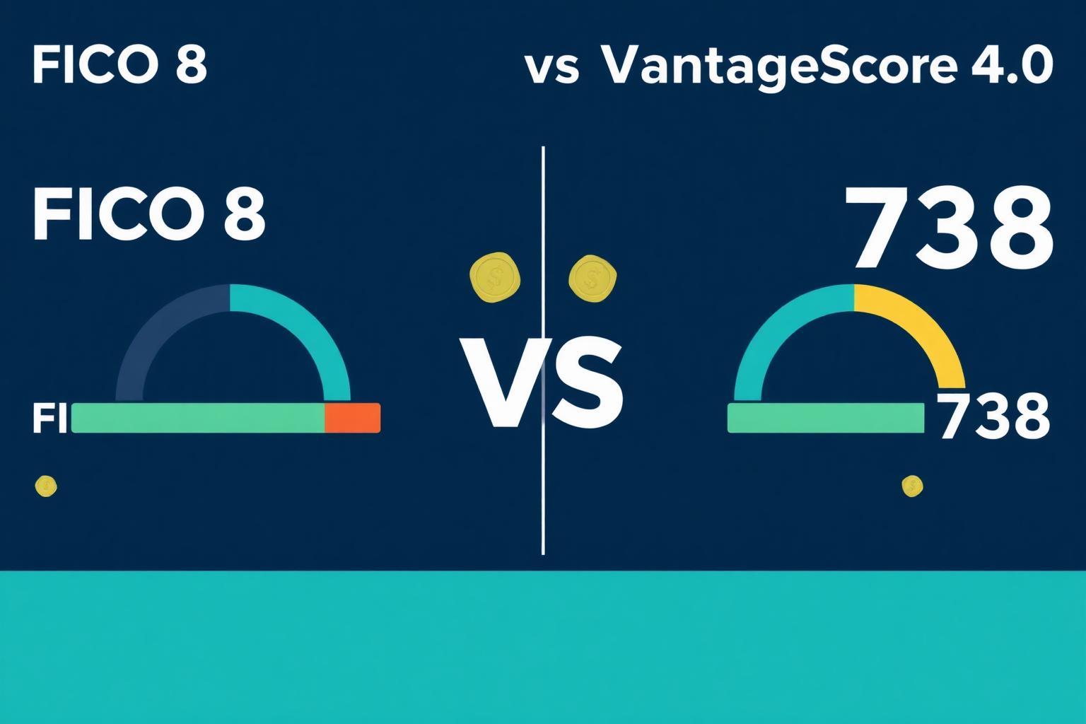 VantageScore vs FICO comparison Side-by-side comparison of FICO 8 and VantageScore 4.0 credit score dials showing typical 20–30 point gap on the same credit file.